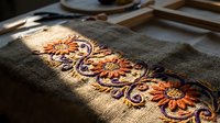 Traditional embroidery with floral motifs on natural linen fabric showcasing intricate needlework and decorative stitching patterns for textile arts projects.