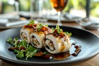 Gourmet sushi rolls with crispy bacon and microgreens served on dark plate with soy sauce glaze, elegant restaurant presentation against blurred background.