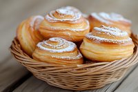 Fresh homemade cruffins dusted with powdered sugar served in woven basket, close up view of flaky layered pastry dough with spiral shape on wooden table.