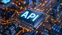 API glowing on circuit board with orange and blue light paths, representing software integration, data connection, and technology infrastructure for web development and programming applications.