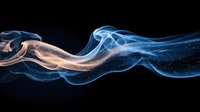 Ethereal blue and orange smoke trails intertwining against dark background creating dynamic flowing curves with sparkling particles and delicate wisps of vapor.