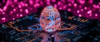 Ornate neon egg with circuit board patterns sits on digital motherboard with glowing magenta bokeh background, representing technology, innovation, and digital transformation.