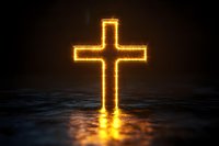 Glowing golden cross with light rays against dark background, reflecting on textured surface for religious and spiritual concepts.
