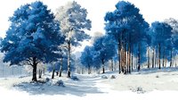 Serene winter forest landscape with blue and white trees along snowy path, creating tranquil woodland scene for seasonal designs.