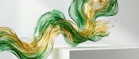 Flowing green and gold liquid waves swirl across white background, creating dynamic abstract motion for modern design and artistic projects.