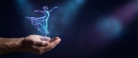 Glowing holographic ballerina dancing above open palm against dark background with blue and purple light effects for digital art and fantasy concepts.