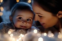 Mother with infant son enjoying festive holiday lights and warm bokeh background, perfect for family, parenting, Christmas and seasonal marketing campaigns.