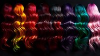 Vibrant wavy hair swatches showing trendy dye colors from burgundy to pink arranged in rainbow spectrum on dark background for salon and beauty industry use.