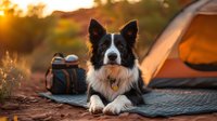 Border Collie dog lying near camping tent at sunset with backpack, outdoor adventure scene in warm golden light, camping with pets lifestyle scene.