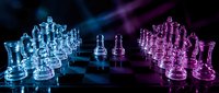 Glass chess pieces glowing in blue and purple neon light on a dark reflective board, symbolizing strategy, competition, and power.