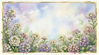 Watercolor floral border frame with purple and white wildflowers on soft pastel background for spring greeting cards and wedding invitations.