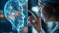 Female scientist in lab coat and glasses interacting with glowing blue holographic head projection showing neural networks and artificial intelligence visualization.