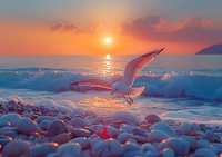 Majestic seagull flying over pebble beach at sunset, wings spread against orange sky and sparkling sea waves. Perfect for travel, freedom and nature inspiration.