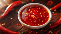 Spicy red chili sauce in white ceramic bowl with crushed pepper flakes and oil drops on dark wooden background, dramatic lighting and steam effect.