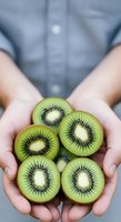 Person holding five fresh kiwi fruit halves displaying vibrant green flesh and black seeds, wearing casual blue shirt. Suitable for healthy eating, nutrition, and organic produce marketing.