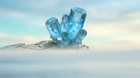 Blue crystal formation emerging from snowy mountain landscape with cloudy sky background for fantasy and mystical design projects.