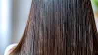 Straight dark brown hair close-up showing smooth, glossy texture and healthy shine against blurred background. Professional haircare and beauty concept.