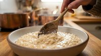 Stirring creamy oatmeal porridge in white bowl with wooden spoon during breakfast preparation in warm kitchen setting.