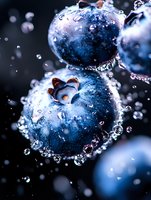 Fresh blueberries with water drops splashing and floating in dark background. Macro shot showing detailed texture of berries in motion with bokeh effect.