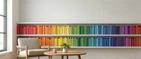 Modern minimalist living room interior with rainbow colored books arranged by hue on white built-in shelves, wooden furniture and natural light for home decor.