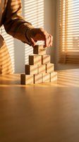 Hand placing a wooden block labeled Trust on top of a pyramid stack, symbolizing business integrity, teamwork, and leadership in warm sunlight.