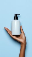 Hand holding white pump bottle with black dispenser against light blue background, showcasing skincare, cosmetics, or cleaning product packaging for commercial use.