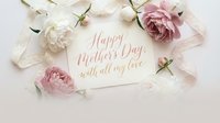 Elegant Mother's Day greeting card with pink and white ranunculus flowers, delicate ribbons on soft pastel background for holiday celebration.