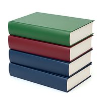 Stack of four colorful hardcover books in green, red and blue colors isolated on white background for educational and academic design projects.