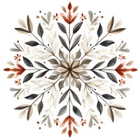 Symmetrical floral mandala pattern in earth tones with leaves and botanical elements on white background, ready for textile and surface design projects.