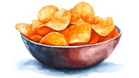 Watercolor bowl filled with crispy potato chips, seasoned with spices and salt, golden-orange snacks in dark ceramic dish on white background.
