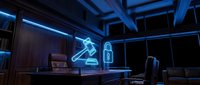 Futuristic office workspace with glowing neon signs, padlock and arrow symbols, dark modern interior design, cybersecurity and technology concept for corporate backgrounds.