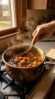 Caucasian man's hand stirring steaming hearty vegetable stew in rustic copper pot on gas stove in cozy home kitchen.