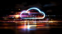 Glowing neon cloud computing symbol with digital light trails and motion blur effects against dark background, modern technology concept for cloud storage.
