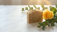 Handmade natural soap bar with exfoliating texture next to fresh yellow rose and green foliage on marble surface for spa, wellness and skincare product marketing.