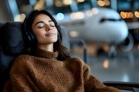 Young Hispanic woman relaxing with wireless headphones in brown sweater at airport terminal, eyes closed, peaceful expression with airplane in background.