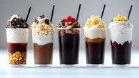 Assorted cold coffee drinks topped with whipped cream and various toppings including chocolate shavings, caramel corn, and berries arranged in clear glasses on white surface.