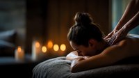 Young woman receiving relaxing back massage at luxury spa with warm candlelight ambiance for wellness and stress relief therapy treatment.