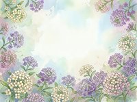 Watercolor floral frame with purple and white blooming flowers on soft pastel background, copy space for text, spring botanical border.