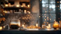 Cozy autumn evening with coffee, fairy lights, and seasonal decorations creating warm ambiance in rustic interior with bokeh window background.