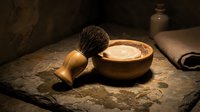 Traditional wet shaving setup with wooden brush and soap bowl on rustic stone surface for classic male grooming and barbershop styling rituals.