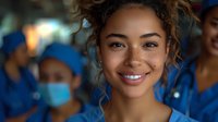 Young mixed race female healthcare worker with natural curly hair and freckles smiling warmly at camera, with medical team in blue uniforms and masks in background, perfect for healthcare advertising.