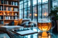 Glass cup of hot tea with glowing amber liquid on reflective surface against cozy home library interior with bookshelves and large windows at dusk.