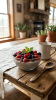Chia seed pudding bowl topped with fresh raspberries and blueberries, served with coffee mug on rustic wooden table in bright kitchen with potted plants and fireplace.