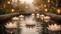 Serene spa water feature with floating lotus candles creating peaceful ambiance for wellness and meditation retreat settings.