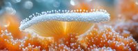 Luminous white mushroom with glowing orange background and bokeh effect creates magical forest atmosphere, macro photography shows delicate details and dewdrops.