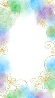 Watercolor frame with golden floral ornaments and colorful splashes in blue, green and purple tones on white background for wedding invitations and greeting cards.