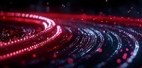 Glowing red and blue curved light trails with bokeh effects create dynamic motion paths against dark background, suitable for technology concepts.