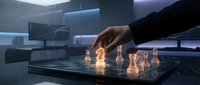 Business professional making strategic chess move on glowing digital board in modern office environment for corporate planning and decision making concepts.