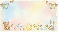 Young child nursery room border with teddy bear, bunny, moon, stars, clouds, and rattle on pastel watercolor background. Isolated design element.