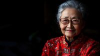 Smiling elderly Asian woman wearing traditional red embroidered qipao dress and glasses against dark background, dramatic lighting highlights wisdom and grace.
